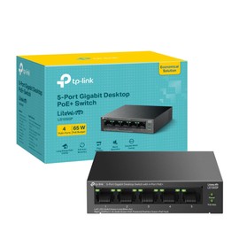 TP-Link 5-Port Gigabit Desktop Switch with 4-Port PoE+, up to 10 Gbps switching capacity, 65 W PoE Budget up to 250 m Transmission, desktop or wall-mounting design, Plug and play, metal case(LS105GP)