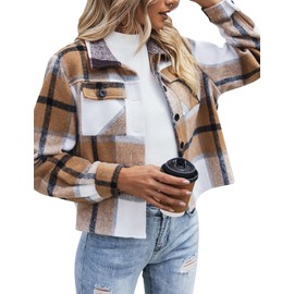 Zeagoo Womens Fashion Cropped Flannel Shacket Jacket Plaid Button Down Shirt Trend Casual Cozy Coat Tops