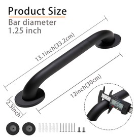 Rackickyer - Barra de agarre para ducha, 2 unidades de 12 pulgadas, barra de agarre de baño negra de 1.25 pulgadas de diámetro, barras de agarre antideslizantes de acero inoxidable 304 para bañeras y duchas, barra de agarre de ducha para personas mayores