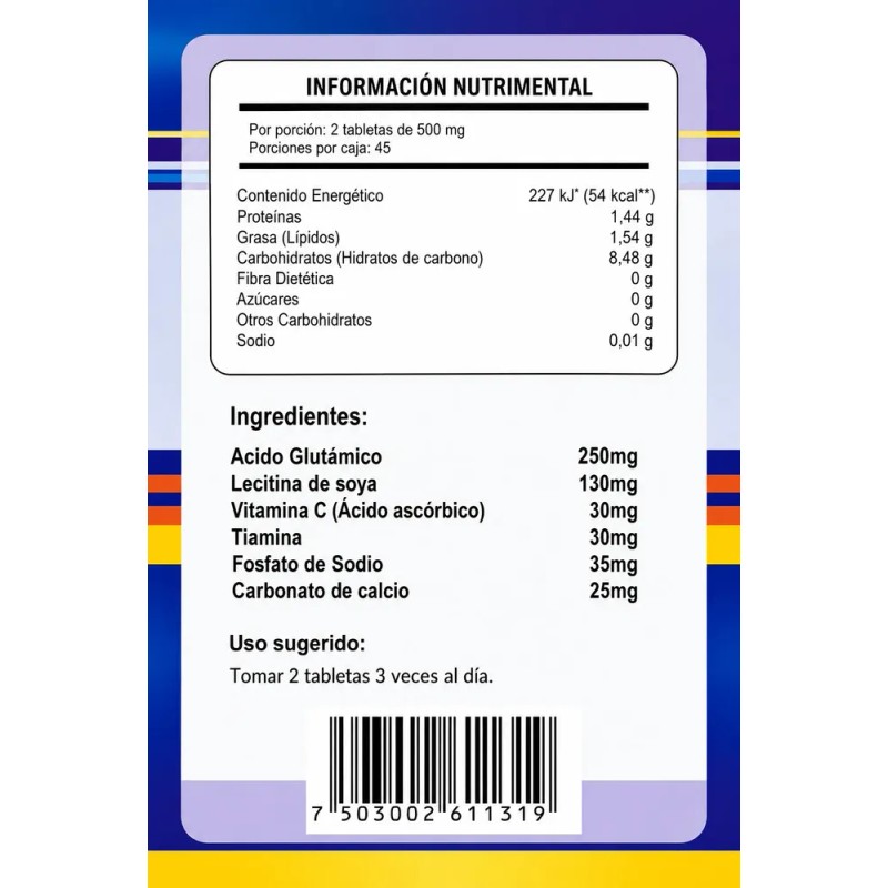 Acido Glutamico 90 Tabletas Botava 500 Mg Suplemento