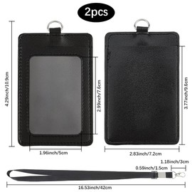 SUNNYCLUE 2Pcs PU Leather Badge Holder Black Lanyard Holder Waterproof Vertical Clear Window ID Cards Protectors Set with Alloy Clasp and Detachable Neck Strap for Employee Office Students School