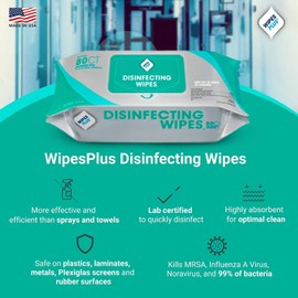 WipesPlus Disinfecting Wipes - Industrial Strength Sanitizing Wipes - Pack of 80 Disinfectant Wipes - Made in the USA