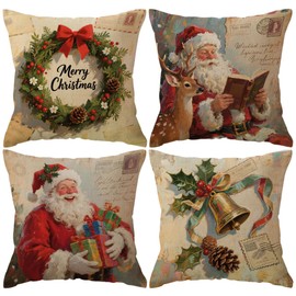 Rustic Christmas Decor Throw Pillow Covers Santa Post Card Design with Reindeer Wreath Cushion Cover Farmhouse Winter Holiday Decorative Pillowcases 18 x 18 Inch,4Pack for Sofa Couch