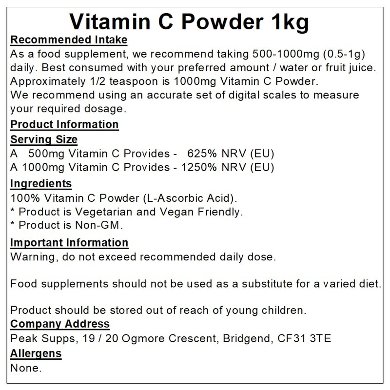 Peak Supps Vitamin C Powder 1Kg - Pure BP Grade
