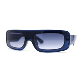 Retro Shield Narrow Rectangle Flat Top Plastic Sunglasses Blue - Smoke