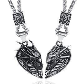ZiWuark Matching Dragon Necklace Couples Viking Heart Necklace Jewelry for Men Women with Rune Beads (Silver)
