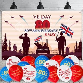 AhfuLife VE Day 80th Anniversary 2025 Backdrop Banner Set, 150 x 90cm Large Banner with 15Pcs VE Day Balloons for 80 Years VE Day Decorations Memorabilia Flag (150 x 90 cm)