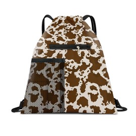 AYBELWG Drawstring Backpack Sports Gym Bag, Large String Swim Bag for Beach With Water Bottle Mesh Pocket, Cute Gym Sack with Zipper Pocket for Men Women Luxuious Cow Print