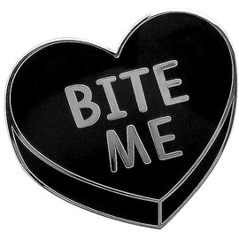 Pinsanity Funny 'Bite Me' Black Candy Heart Enamel Lapel Pin, 1 inch, Brass with Enamel, no gemstone