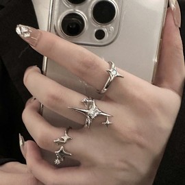 TUCEWP 3Pcs Y2k Rings for Women Star Moonstone Rhinestones Statement Rings Punk Grunge Goth Chunky Rings Adjustable Open Ring Set Fashion Irregular Silver Stacking Thumb Rings Cute Birthday Gift