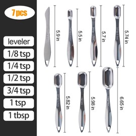 Heavy Duty 18/8 Stainless Steel Measuring Spoons Easy Read Slim Long Design for Baking Cooking Rectangular Metal Tablespoon and Teaspoon for Dry & Liquid Ingredients(Set of 7 with Leveler)
