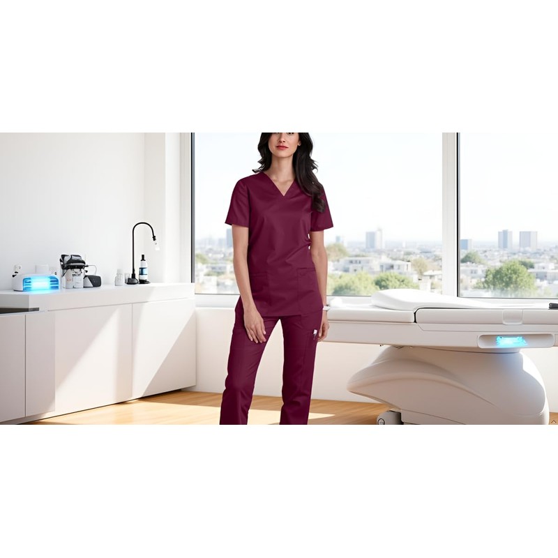 CARE SMART UNIFORM V-Neck Top with Badge Loop, XS, Wine