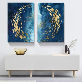 Looife Blue and Gold Abstract Pinting Canvas Wall Art, 20x1.5x30 Inch 2 Panels Colorful Textured Gold Fish in The Blue Ocean Picture Prints Wall Decor, Wrapped Canvas Art Deco
