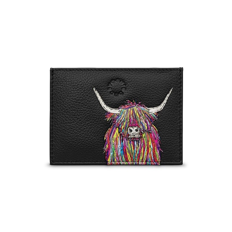 Yoshi Black Leather Highland Cow Card Holder, RFID Protection, Slim