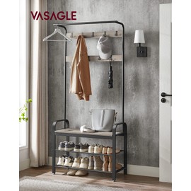 VASAGLE Coat Rack, Hall Tree with Shoe Bench for Entryway, Entryway Bench with Coat Rack, 4-in-1, with 9 Removable Hooks, a Hanging Rod, 13.3 x 33.1 x 72.1 Inches, Greige and Black UHSR400B02