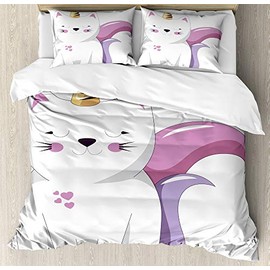 HNU 2 Piece Meowgical Twin Duvet Cover Set, Pink White Bed Duvet Cover, Caticorn Cute Girls Bedding Fictitious Kids Decorative Pretty Beautiful Adorable Modern Super Soft Eco Friendly Digital Print