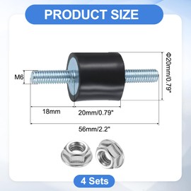 sourcing map 4Pcs M6 x 18mm Rubber Mounts, 20 x 20mm Cylindrical Anti Vibration Isolator Studs Shock Absorber Double Studs with Nuts for Car Bobbin Generator Air Compressors