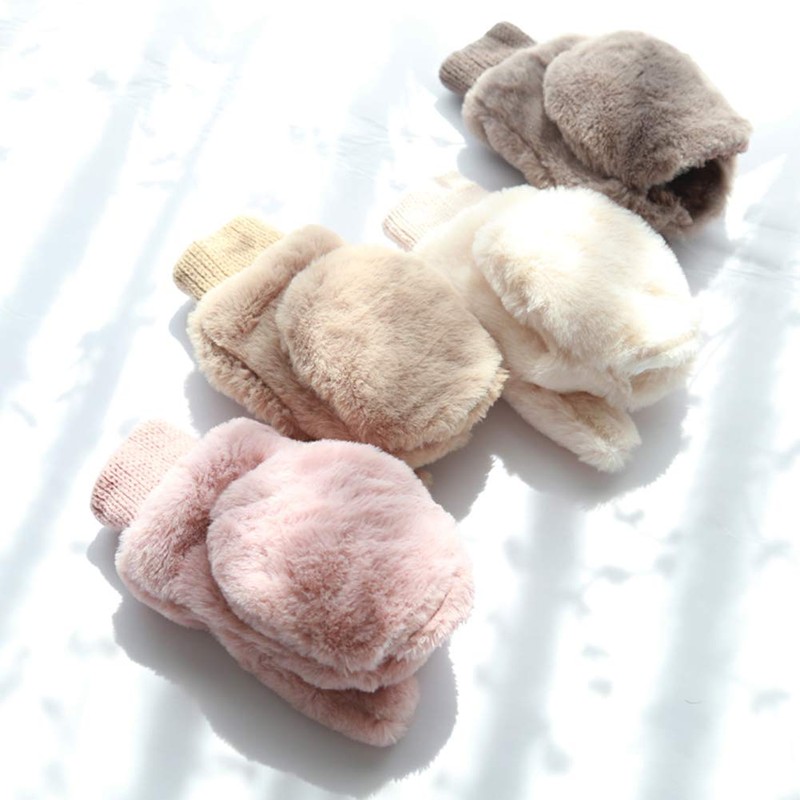 Laise Faux Fur Gloves, Cute, Mitten-Type, Fingerless Gloves, Knit, 2-Way,
