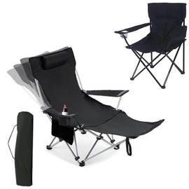 2 in 1 Folding Camping Lounge Chair with Removable Footrest,Picnic Chair,4 Height Adjustments Portable Reclining Camping Chair with Storage Bag & Cup Holder for 300lbs (Black)