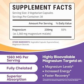Malato de magnesio, 230 mg de magnesio elemental por ración, totalmente quelado, máxima absorción y biodisponibilidad, sin OMG, energía, recuperación