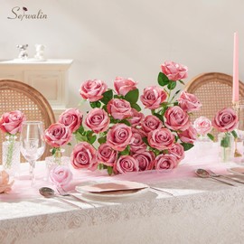 Serwalin 30pcs Artificial Roses Flowers, Dusty Pink Roses with Long Stems Realistic Fake Silk Roses Flowers for DIY Wedding Bouquet Centerpieces Valentine‘s Day Party Home Table Decor