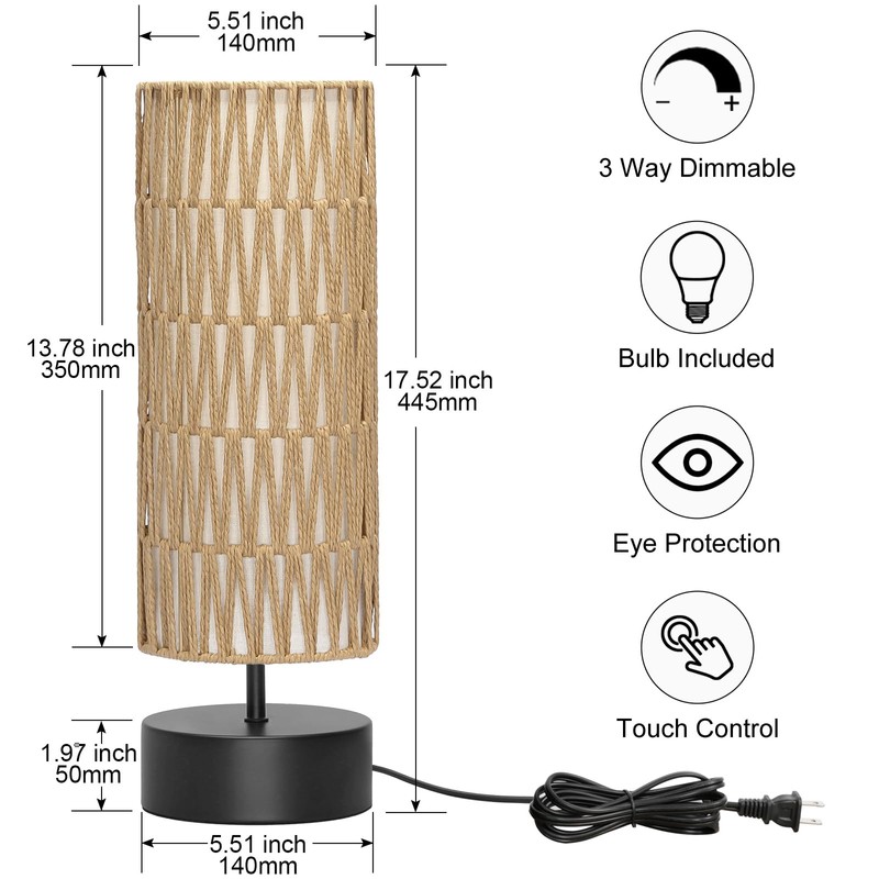 Rattan Table Lamp, Touch Control Bedside Table Lamp with Black