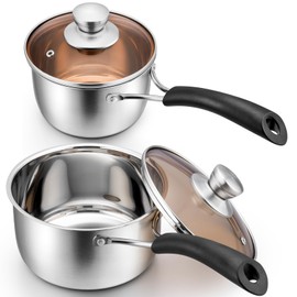 1 QT & 2 QT Saucepan with Lid Set, P&P CHEF Small Stainless Steel Sauce Pan, Multipurpose Set for Kitchen Restaurant Cooking Boiling, Visible Lid & Heat-proof Handle, Dishwasher Safe