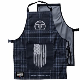 Freedom Flames BBQ Grill Apron | Made in the USA Kitchen Apron For Men with Pockets | Grilling Accessory for Use With Barbecue, Meat Smoker, & Kitchen Patriotic Accessories (Black Plaid)