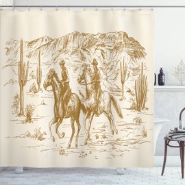 Ambesonne Occidental Cortina de Baño, Tema del país, Paño Conjunto de Decoración de Baño de Tela y Ganchos, 70" Alto, Café Claro
