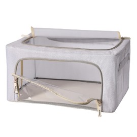 FHSQX Foldable Clothes Storage Bins 2 Pack, Stackable Metal Frame Clothing Storage Box, Oxford Fabric Organizer Set with Clear Windows&Sturdy Carry Handles(22L,Light Grey)