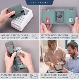 VON HEESEN Slim Wallet with RFID Protection - Men's Small Wallet - Mini Purse Women's Wallet - Card Holder Genuine Leather Card Wallet - Leather Credit Card Holder, Turquoise (Silver Pine), Mini coin