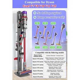 Haturi Premium Vacuum Stand for Dyson Gen5 V15 V12 V11 V10 V8 V7 V6, Metal Attachment Holder with 4 Hooks & 4 Shelves, Hidden Cord Design, Space-Saving Storage Organizer for Dyson Cordless Vacuums