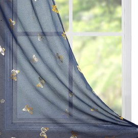 Jubilantex Butterfly Sheer Curtains Navy Blue Drapery with Gold Print Pattern 63 Inch Long, Kids Nursery Bedroom Voile Linen Textured Curtain Rod Pocket Window Drapes, 2 Panels