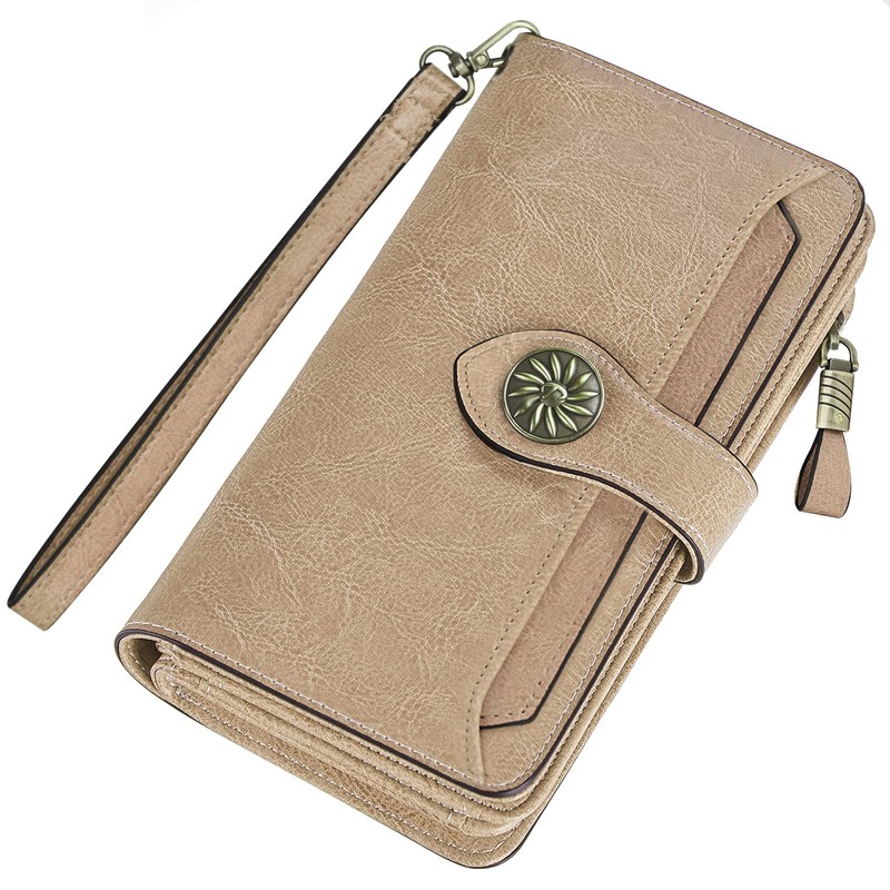 Travelambo Womens Wallet Large Capacity RFID Blocking Genuine Leather Wristlet