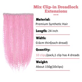 24 Inch Clip in Dreadlock Hair Extensions 10Clips Mixed Handmade Soft Curly Boho Wavy Synthetic Dreads Extensions for Women,Pink