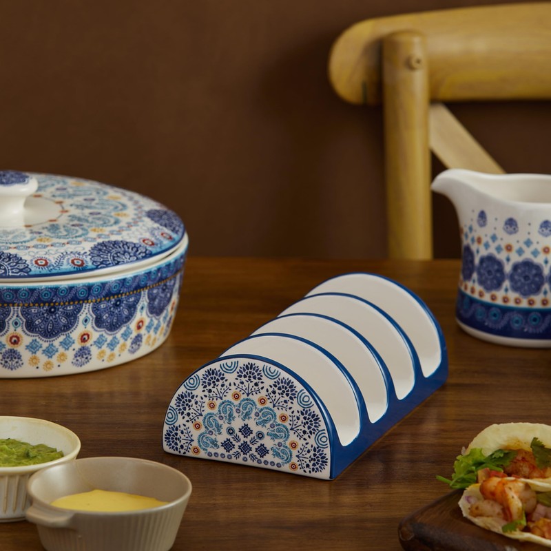 Bico Blue Talavera Ceramic Taco Holder, Taco Stand Rack Tray,