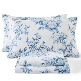 HLC.ME Rose Toile Floral Bed Sheets - 4 Piece Bed Sheet Set - Wrinkle Resistant & Ultra Soft - Fits Mattresses up to 15 Inches Deep (Full, Blue)