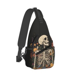SUPLUCHOM Sling Bag Skeleton Flower Skull Vintage Hiking Daypack Crossbody Shoulder Backpack Travel Chest Pack for Men Women