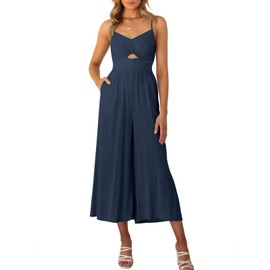 ANRABESS Women Summer Casual Spaghetti Strap Sleeveless V Neck Cutout Linen Wide Leg One Piece Jumpsuit Dressy Romper Outfits navy blue Medium