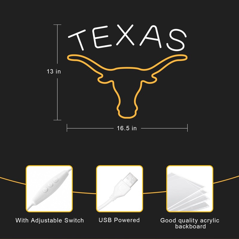 TEXAS Longhorn Neon Sign for Wall Decor -Adjustable Brightness LED