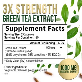 Green Tea Extract Capsules 1000 mg - Standardized 45% EGCG & 98% Polyphenols - 3X Strength Green Tea Pills for Natural Energy - Supports Heart Health, Herbal Supplement, Vegan, Non-GMO - 240 Capsules