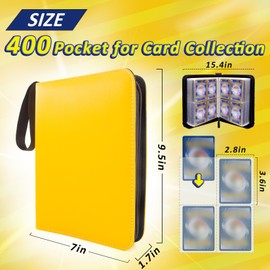 400 Pocket Card Binder Collect Holder,Trading Card Binder With 50 Removable Page Card Sleeves,Card Collector Album with Zipper Carrying Case for Boys and Girls (Yellow)