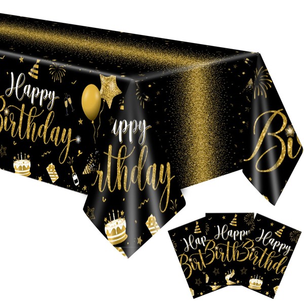 Xiliconie 3PCS Happy Birthday Tablecloth Black Gold Table Covers Disposable