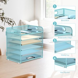 DRQ 6-Tier Paper Letter Tray Organizer with Handle, Mesh Desk File Organizer, Metal Desktop Organizer for Home Office Supplies, Blue