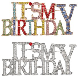 GORGECRAFT 2 Pieces 2 Styles Happy Birthday Rhinestone Pin Gold Metal Alloy Colorful Sparkling Crystal It's My Birthday Lapel Decoration Safety Brooches For Party Wear Jewelry Women