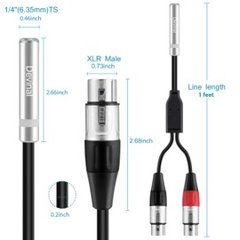 Devinal 1/4 inch Female to Dual XLR Female Y Cable, 6.35mm Female TRS to 2 XLR Microphone Converter, Female Quarter inch Socket Y Splitter Audio Breakout Cord Wire 1FT