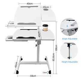 KUKKUME Overbed Table Height Adjustable Bedside Table Hospital Bed Table with 2 Tilting Desktops Mobile Laptop Desk with 2 Tilting Desktops,Cup Holde,Drawer for Office, Home and Hospital (White)