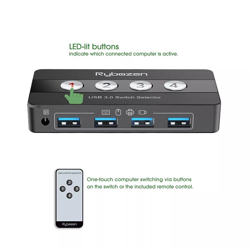 Rybozen USB 3.0 Switch Selector, 4 Port KVM Switches USB