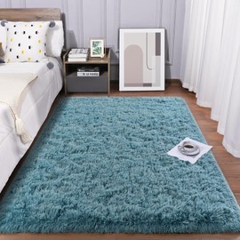 Area Rug for Living Room Bedroom, 3x5 Fluffy Living Room Rug Soft Plush Turquoise Green Bedroom Rug Shag Rug, Modern Furry Nursery Accent Floor Carpet for Girls Boys Kids Room Dorm Home Decor