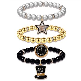 PHALIN Happy New Year Bracelets for Women CCB Pearl Beaded Stretch Bracelets Sparkling Top Hat Clock Star Charms Bracelet New Year's Eve Party Favors Holiday Gifts (3PCS)